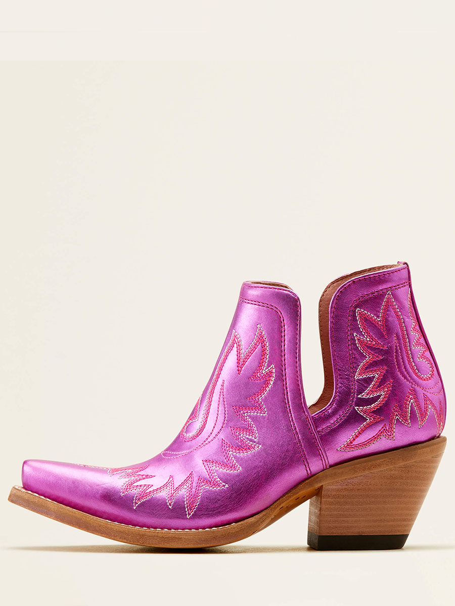 Metallic Fuchsia Snip Toe Embroidered Block Heeled Cowgirl Ankle Boots