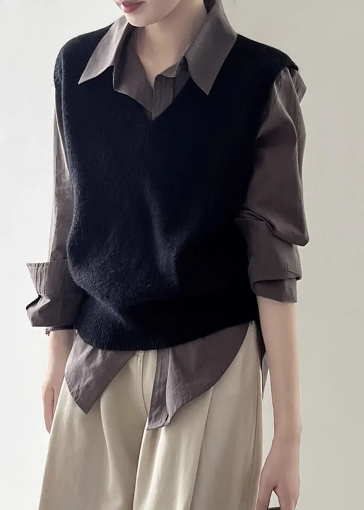 Brief Black V Neck Cozy Cotton Knit Waistcoat Spring