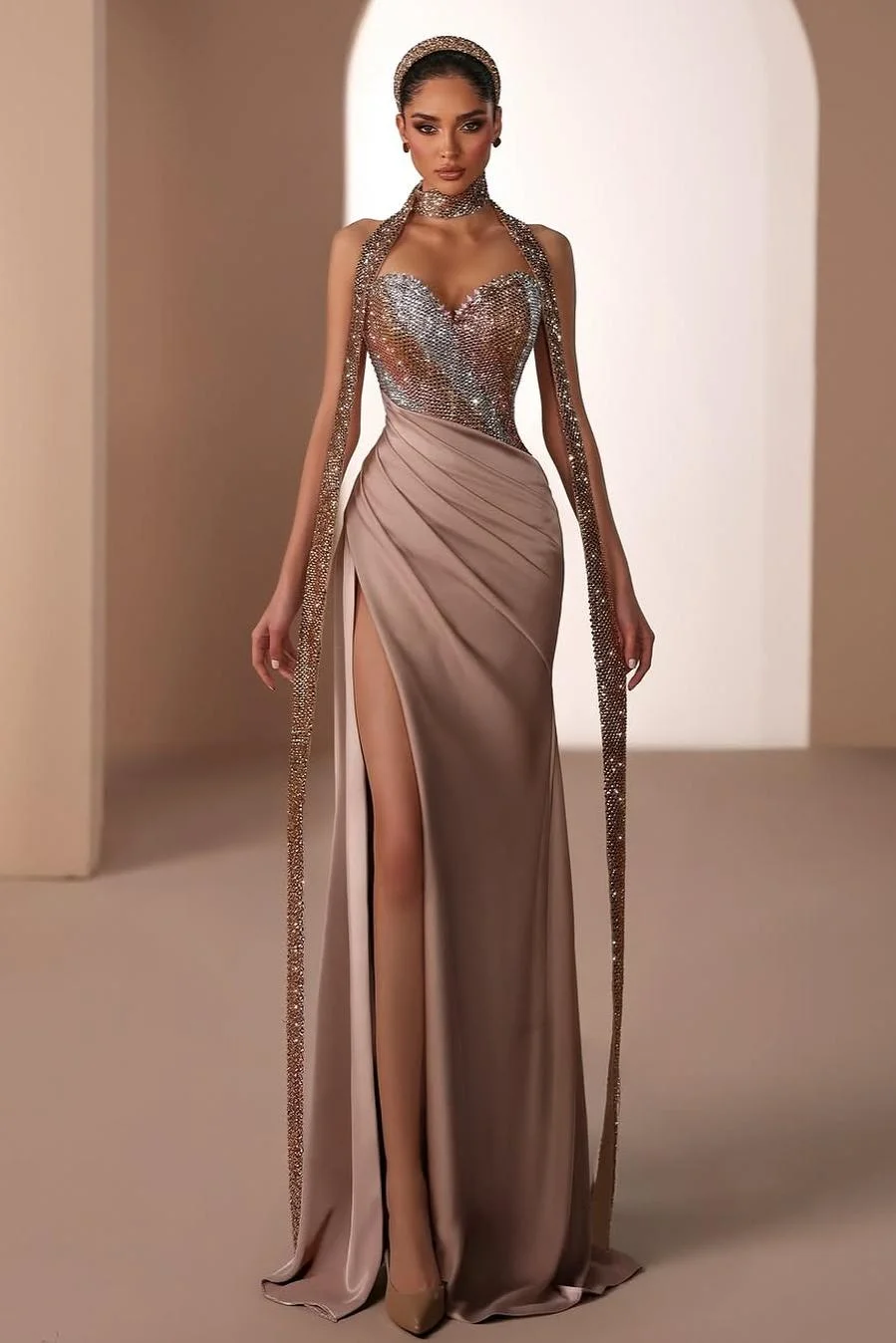 Miabel Stunning Taupe Satin Sweetheart Sleeveless Sequins Prom Dress with Scarf 