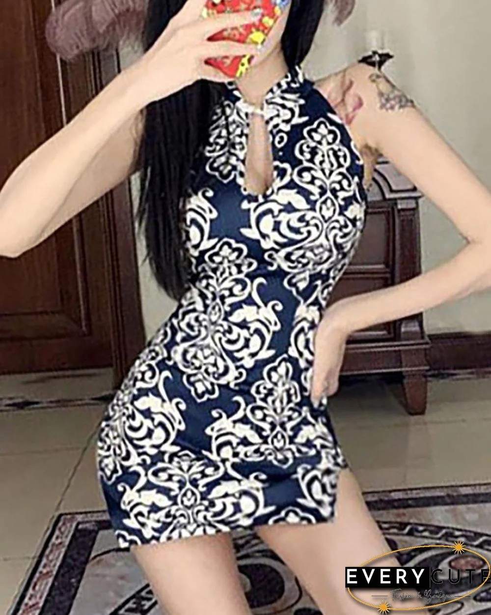 Halter Sleeveless Vintage Floral Print Mini Dress P12246