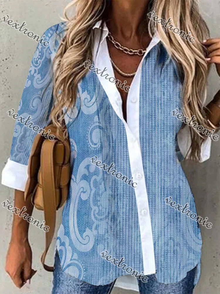 Women's Blue Stand Collar 3/4 Sleeve Striped Printed Buttons Shirt
