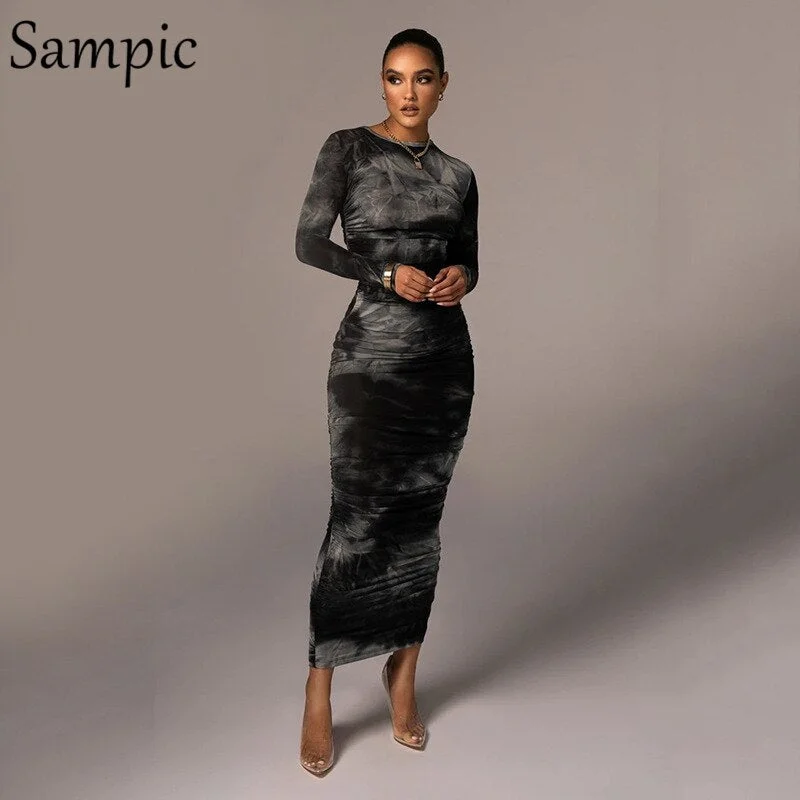 Sampic Black White O Neck Autumn Print Long Sleeve Tie Dye Bodycon Sexy Ruched Women Dress Long Party Club Wrap Dress 2020