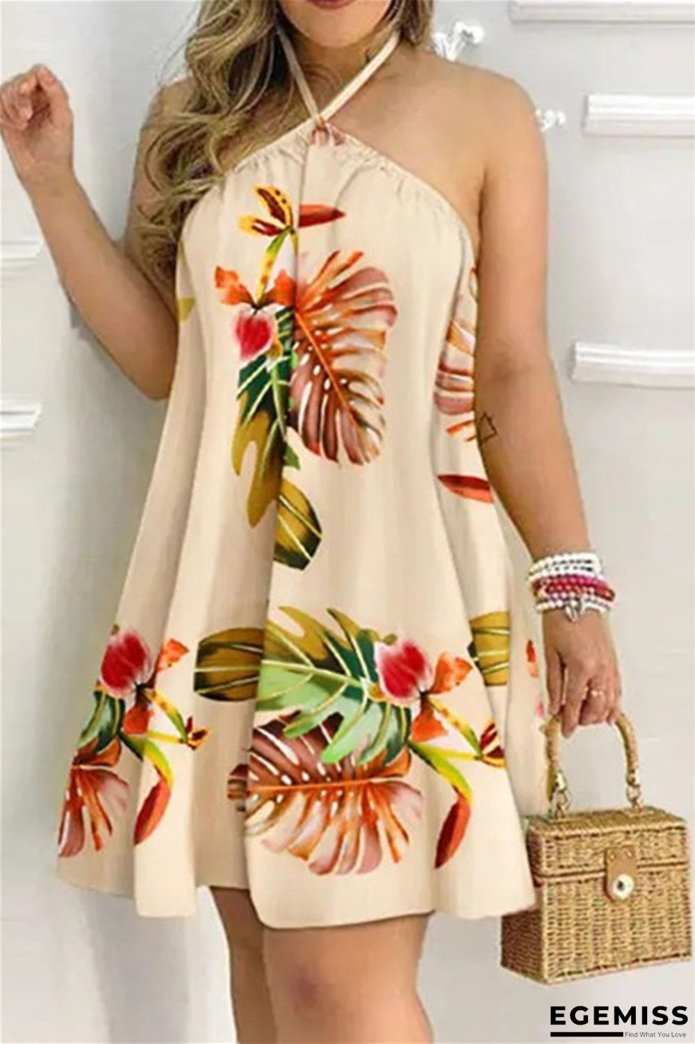 Apricot Fashion Casual Print Bandage Backless Halter Sleeveless Dress Dresses | EGEMISS