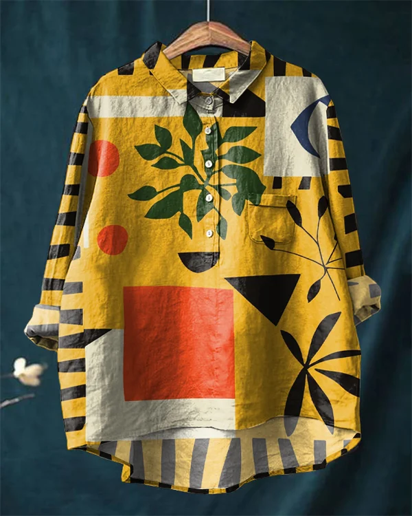 Vintage Abstract Art Print Cotton and Linen Shirt