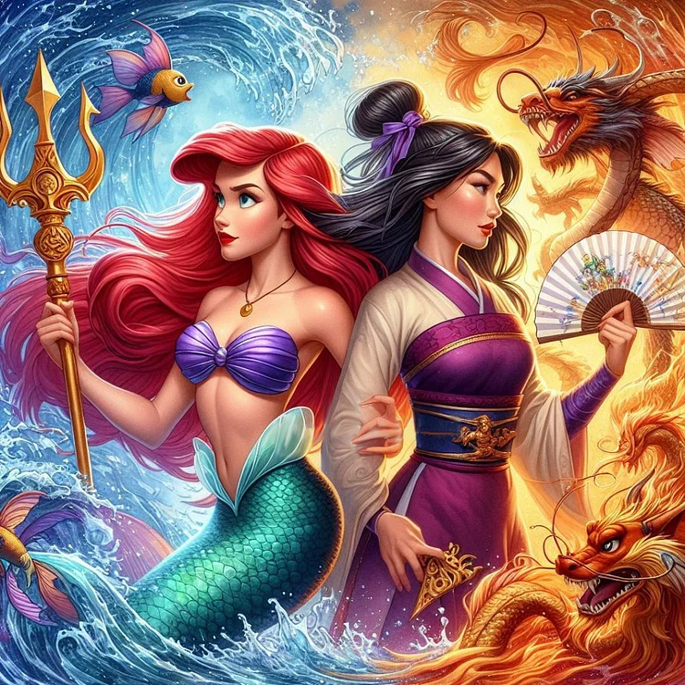 Disney Princess Mermaid And Mulan Dragon 11/18CT Stamped Cross Stitch 50*50cm(Canvas) gbfke