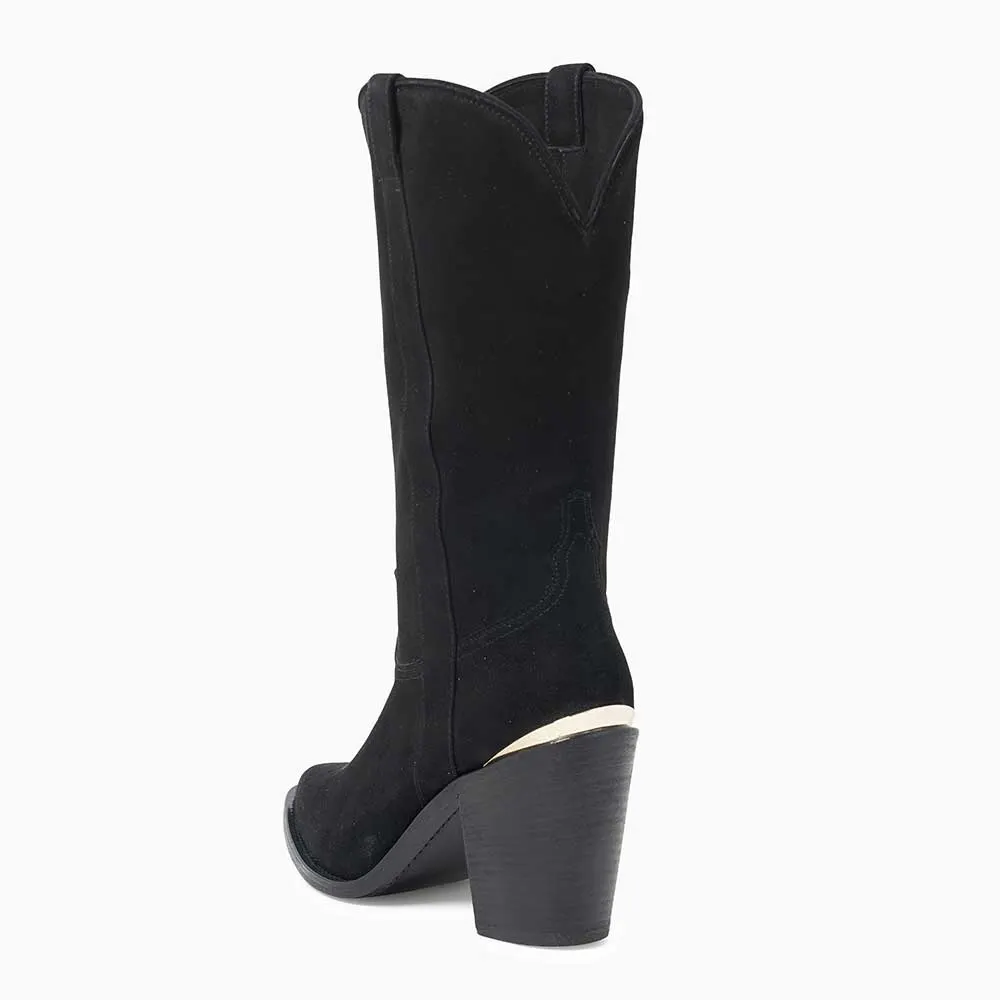 Black Pointed Vegan Suede Chunky Heel Western Boots for Women