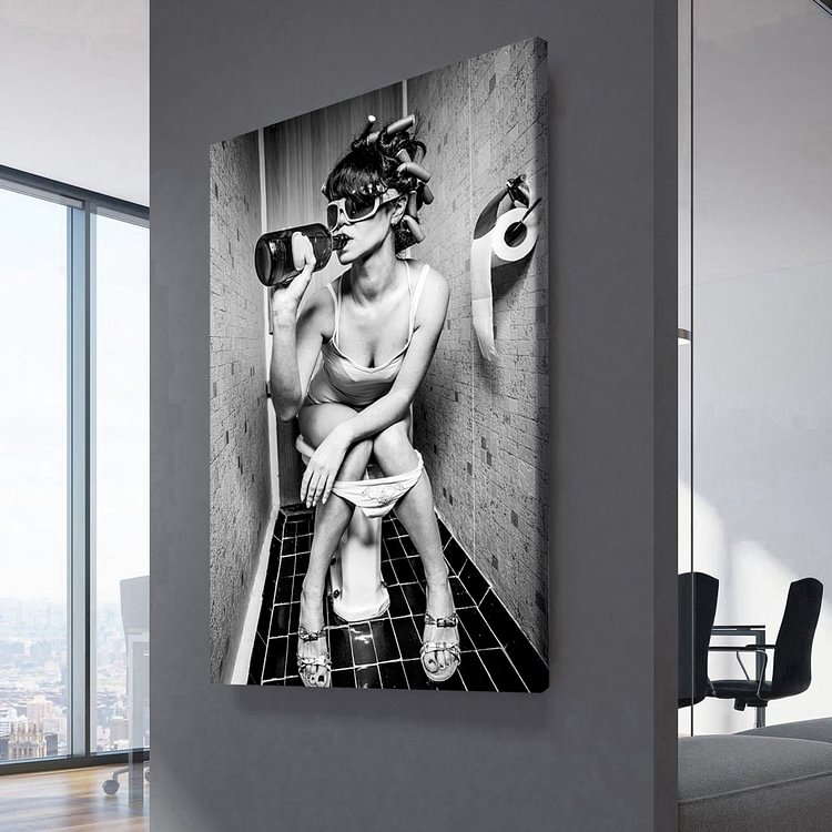 Party Girl on Toilet Drinking Canvas Wall Art
