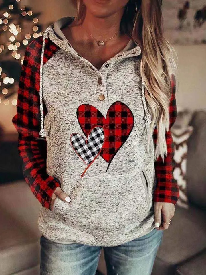 Women's Love Hearts Plaid Hooded Sweatshirt