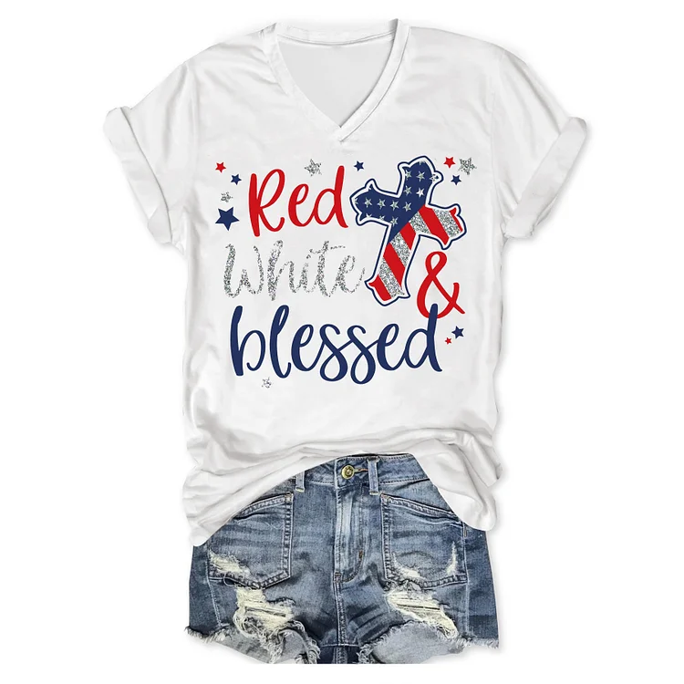 Women's Independence Day Red White And Blessed  Print  T-Shirt socialshop
