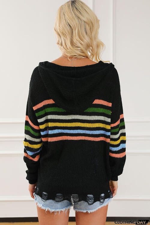 Zip Up Drawstring Hooded Knit Top