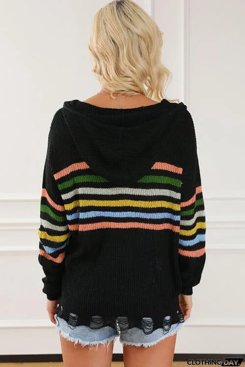 Zip Up Drawstring Hooded Knit Top