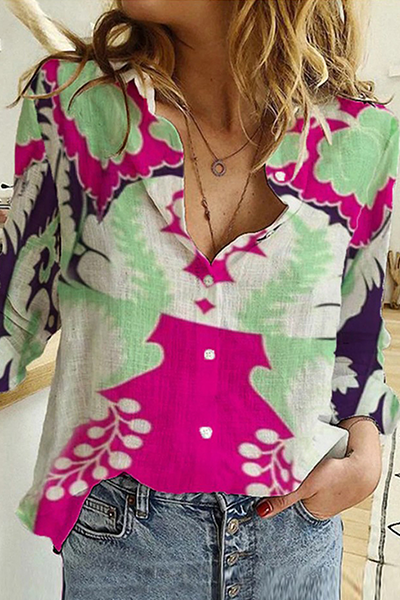 Casual Print Split Joint Buckle Turndown Collar Tops