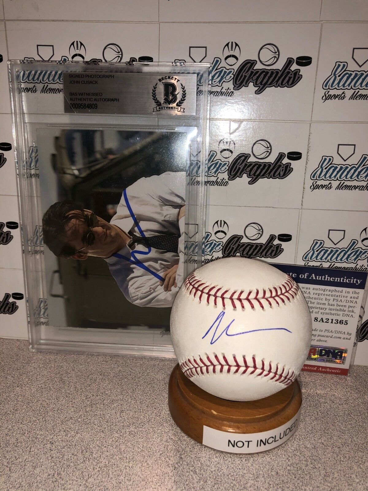 JOHN CUSACK SIGNED AUTOGRAPHED BASEBALL & 3 1/2x5 SLABBED Photo Poster painting LOT BAS PSA COA