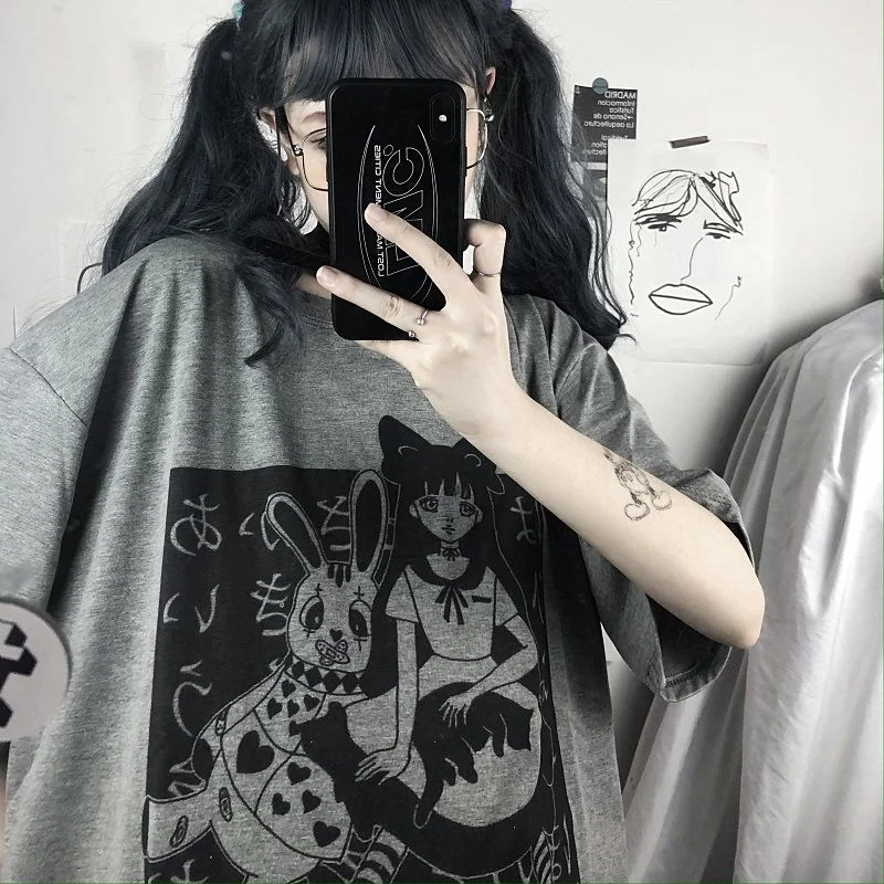 Goth Streetwear Short Sleeve Top Tee Female Kawaii y2k mujer gothic kpop футболка Harajuku Anime Print Black Crop Women T-shirts