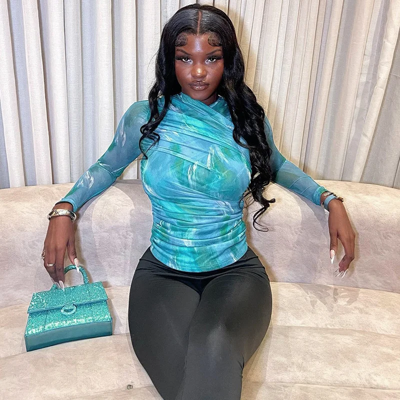 Uveng Uveng Women's Autumn And Winter Cross-Neck Folding Folding Waist Dyed Printing Mesh Yarn T-Shirt