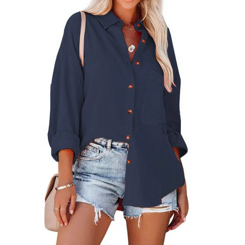 Textured Lapel Collar Button Down Oversized Long Sleeve Shirt