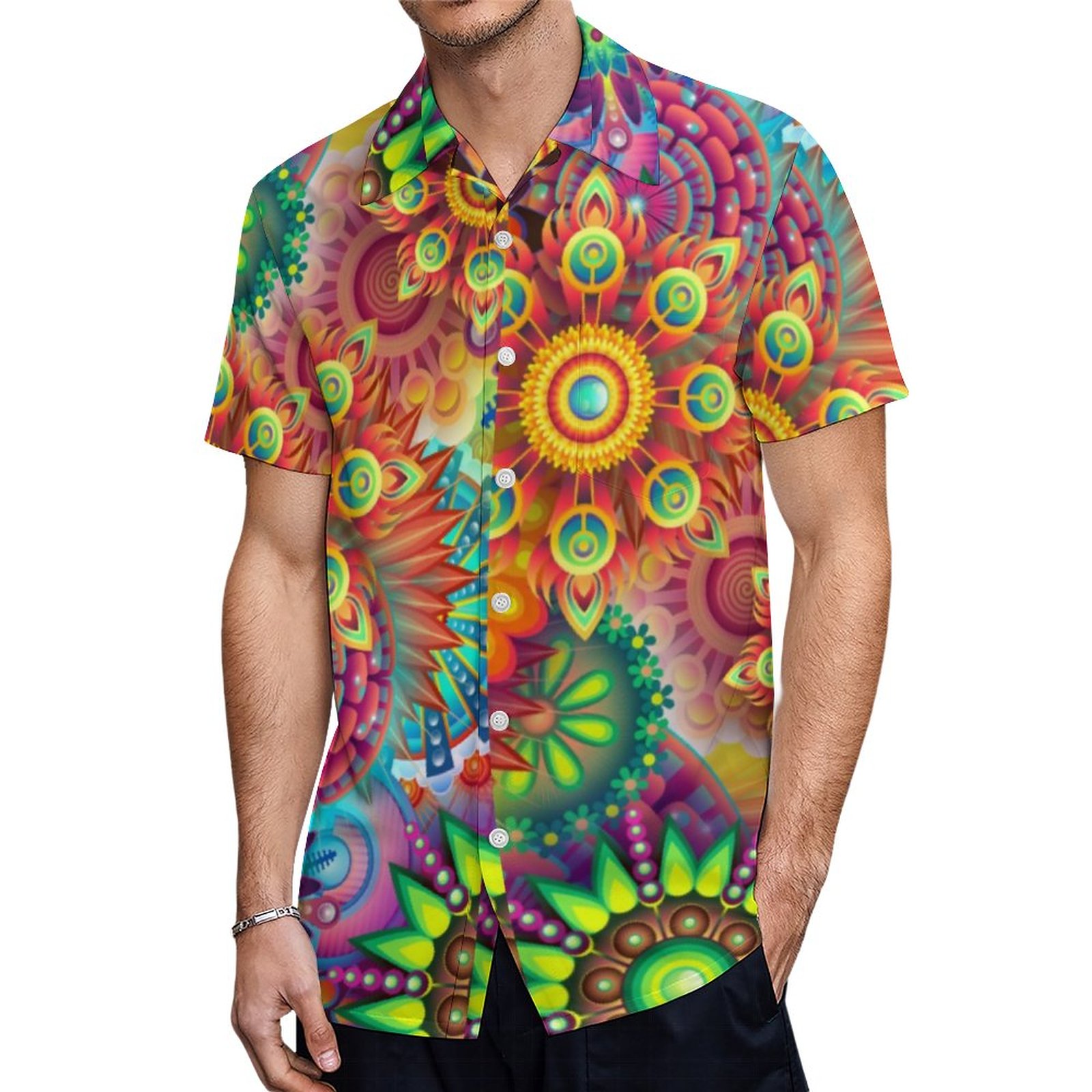 Far Out Clothing Colorful Psychedelic Floral Hawaiian Shirt Mens Button Down Tropical Hawaii Beach Shirts