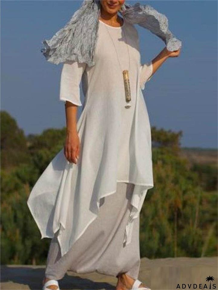 Vintage Asymmetric 3/4 Sleeve Crew Neck Linen Plus Size Dress