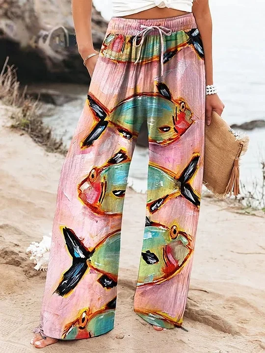Women's Vintage Fish Art Print Cotton And Linen Casual Pants