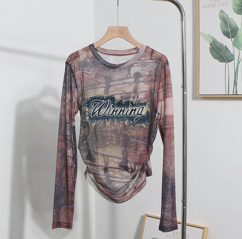 Churchf Real Shooting New Long-Sleeved Mesh Spliced Embroidered Denim Bottom T-Shirt Sun Folding Short Top 2582