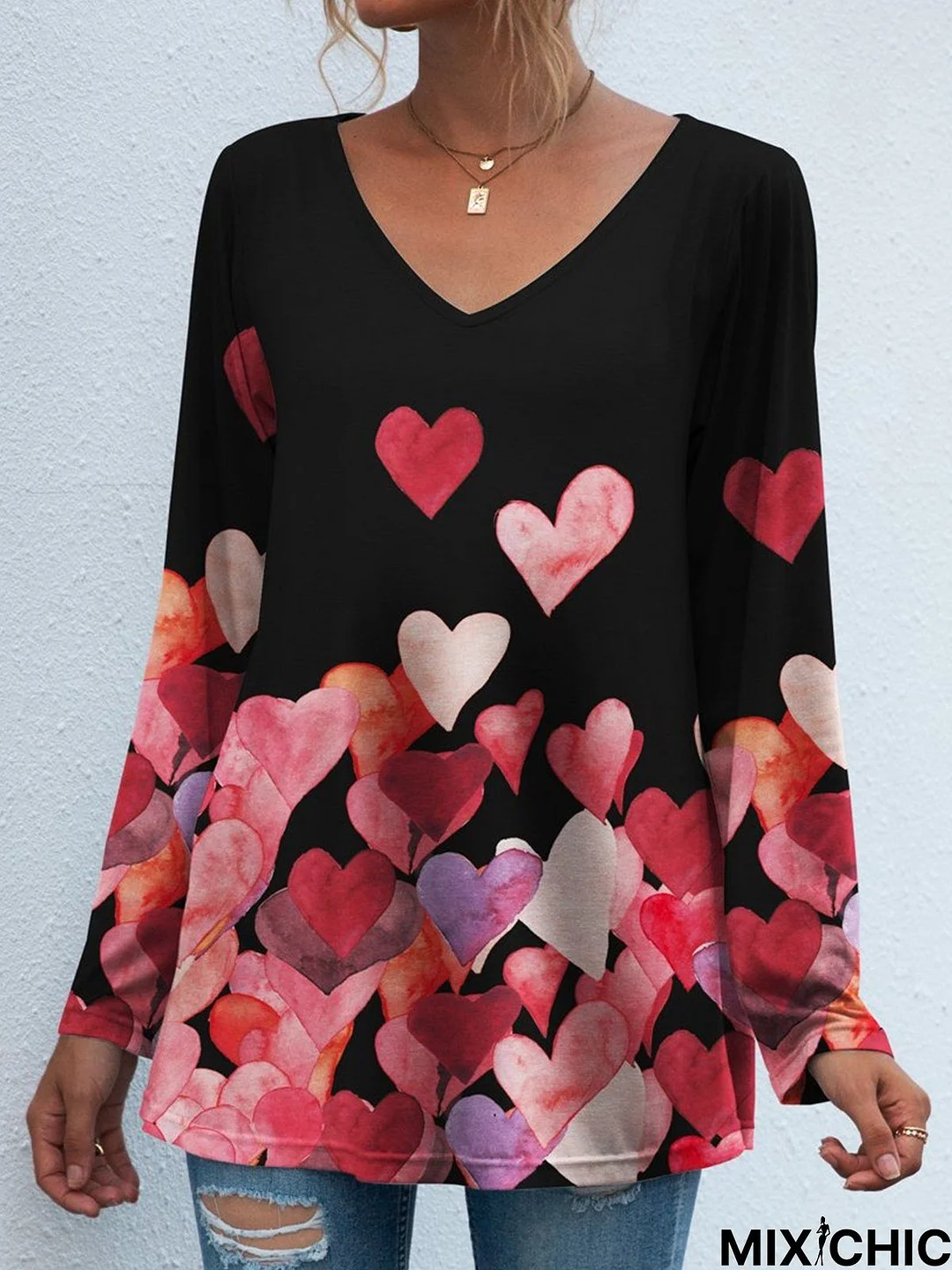 Love Heart Long Sleeve V Neck Casual Tunic T-Shirt