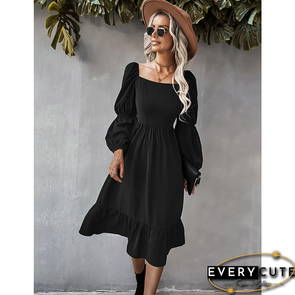 Black Square Neck Ruffle Detail Long Sleeve Dress