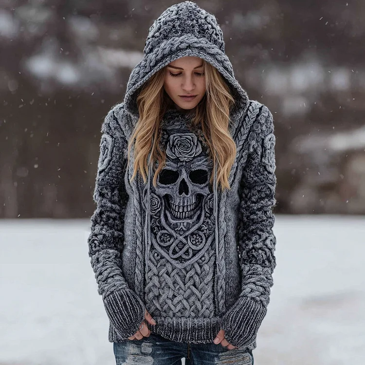 Women' Rose And Skull Inspired Chunky Knit Hooded Sweater