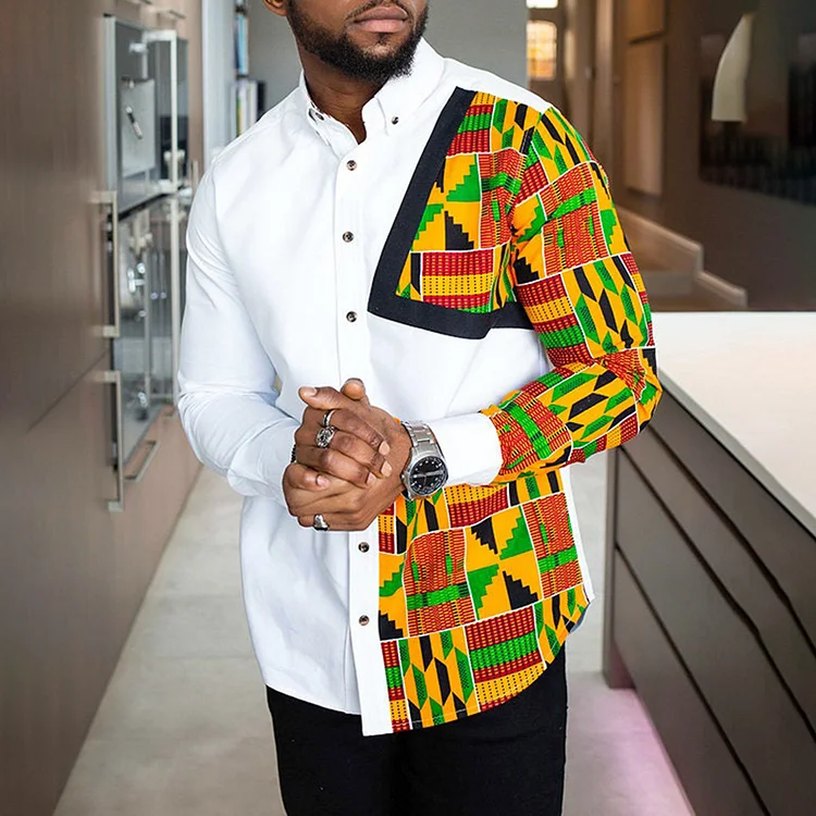 BrosWear Casual African Ethnic Print Long Sleeve Shirt