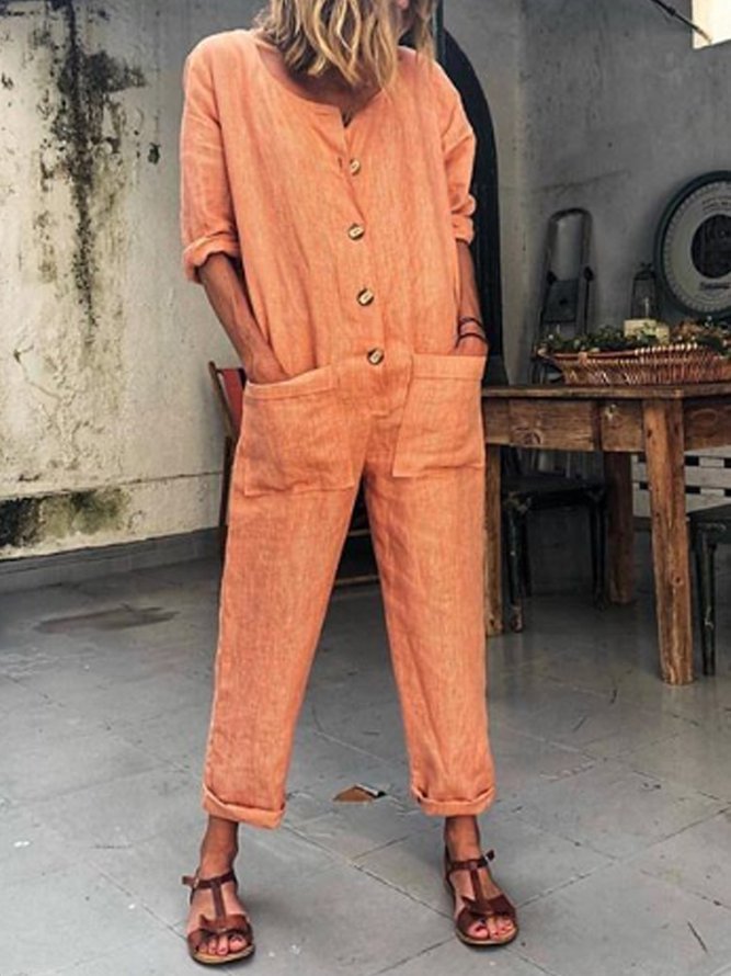 Orange Buttoned Solid Casual Long Sleeve Jumpsuits Zaesvini