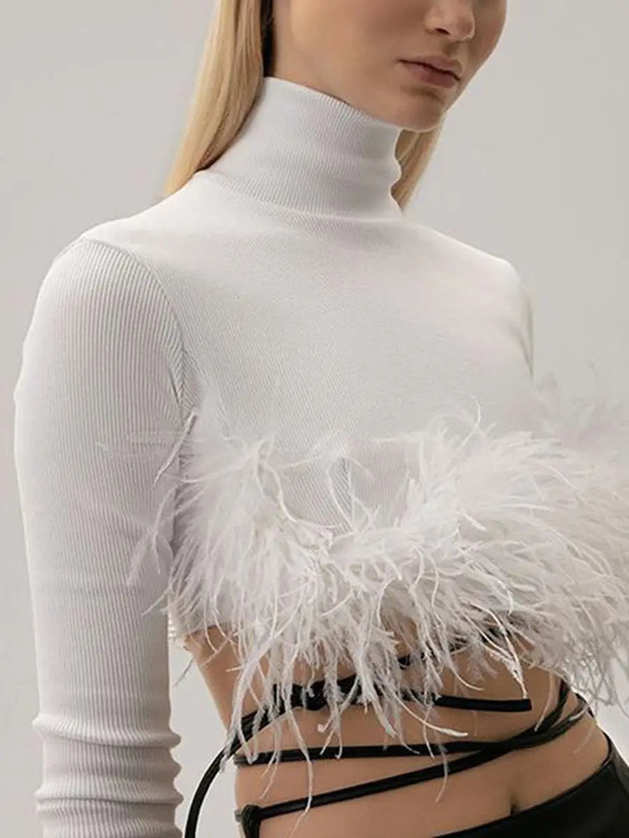 High Neck Feather Stitching Solid Color T-Shirts