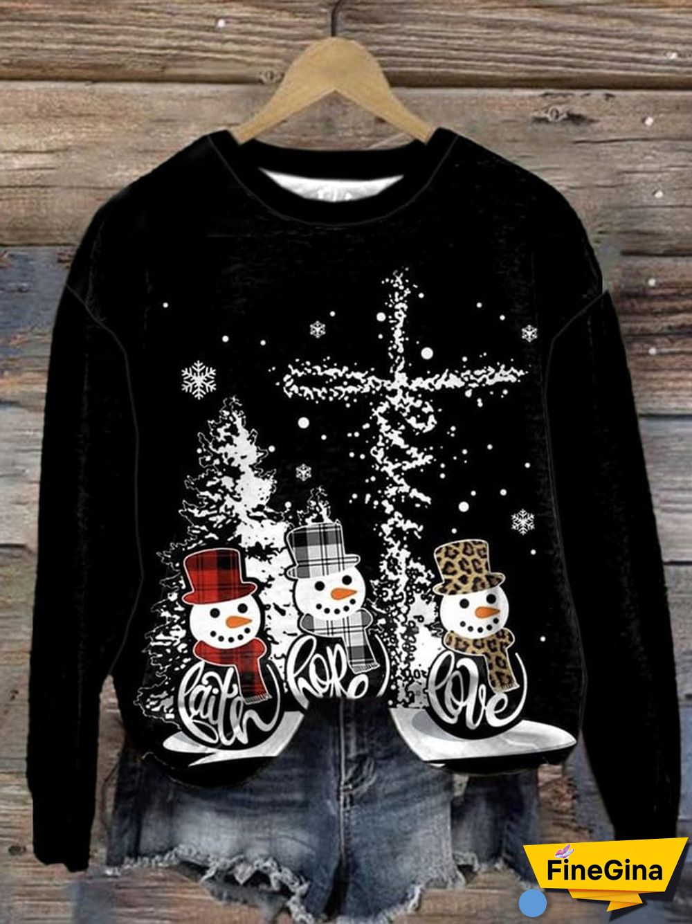 Women's Casual Snowman Faith Hope Love Print Long Sleeve Sweatshirt