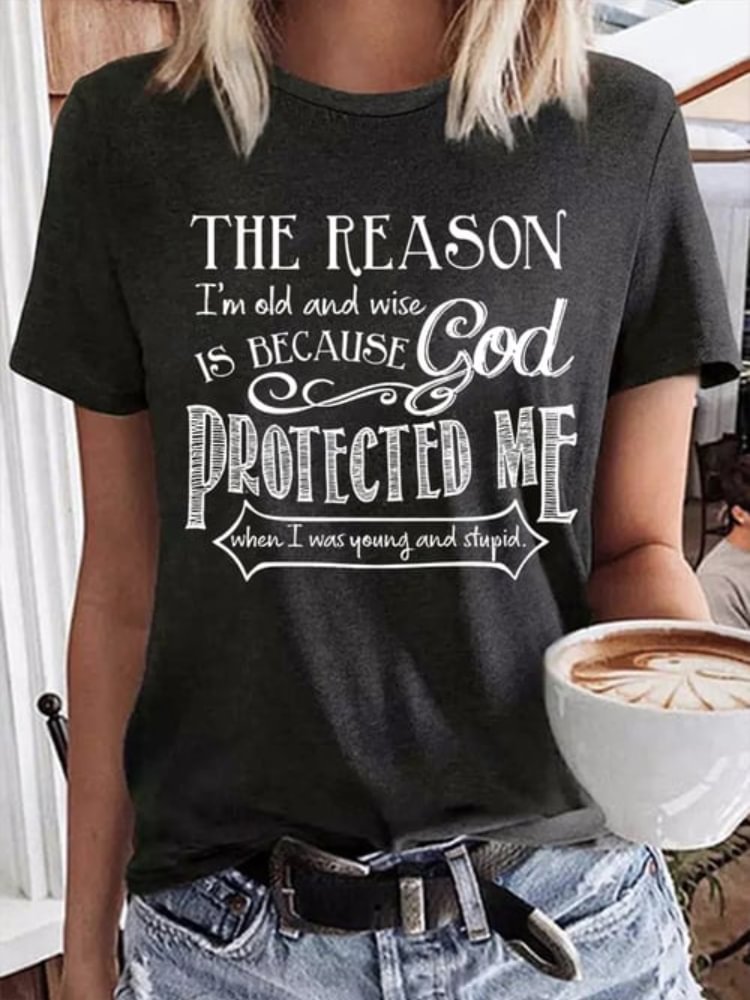 Vefave Faith God Protected Me Print Crew Neck T Shirt