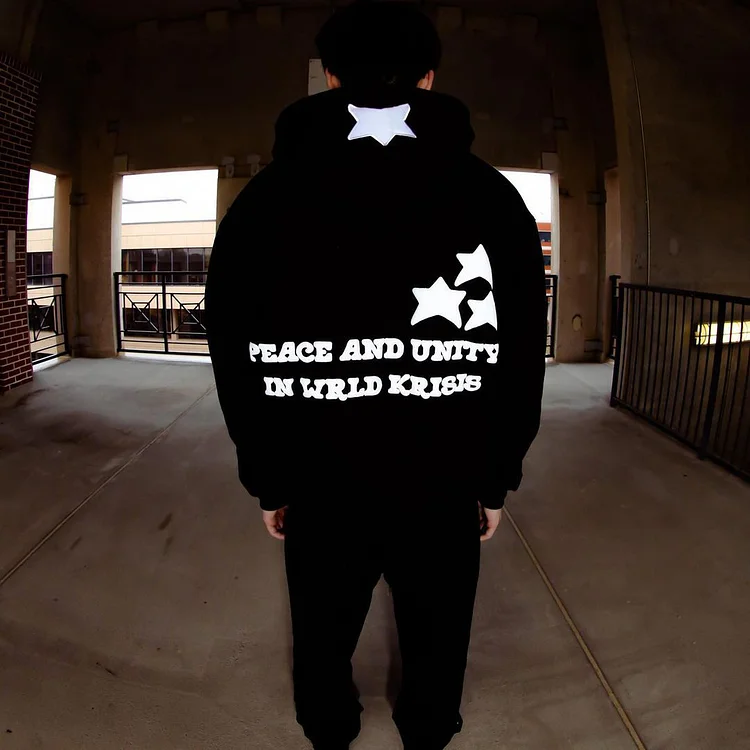 “Peace And Unity In Wrld Krisis” Puff Print Fleece-Lined Zip-Ups Hoodie
