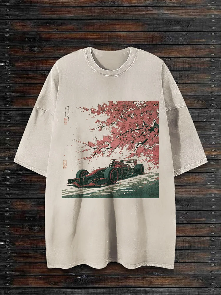 Men's Racing Car Cherry Blossom Print Cotton Washed T-Shirt