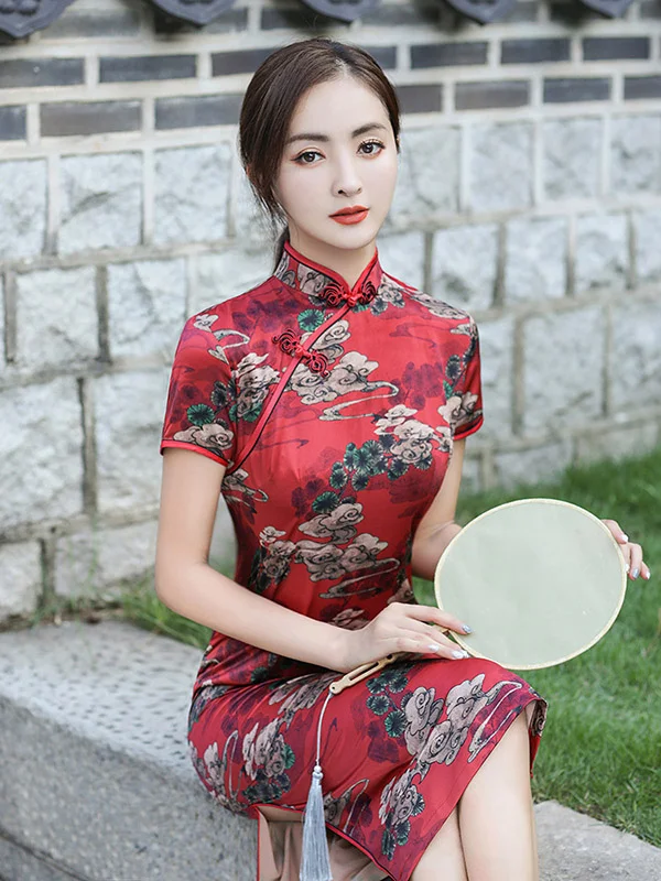 Vintage Split-Side Stand Collar Printed Short Sleeves Cheongsams