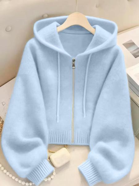 Long Sleeve Loose Knit Hoodie with Zipper Cardigan, Soft Comfortable Unique Design for Autumn & Winter Stylish Tops, Womenswear
