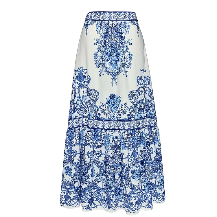 Blue and White Porcelain One Piece Swimsuit and Skirt