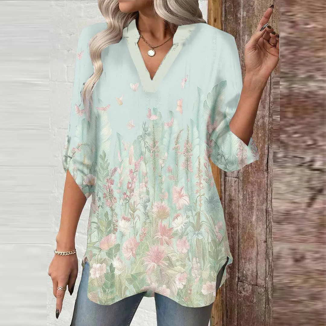 Women Floral, Green,Pink DZGA0615 3/4 Sleeve V-neck Printed Graphic Button Tops