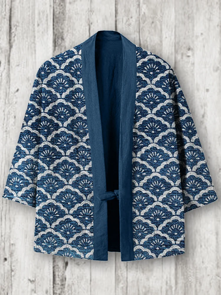 Sea Waves Japanese Traditional Pattern Linen Blend Kimono Cardigan