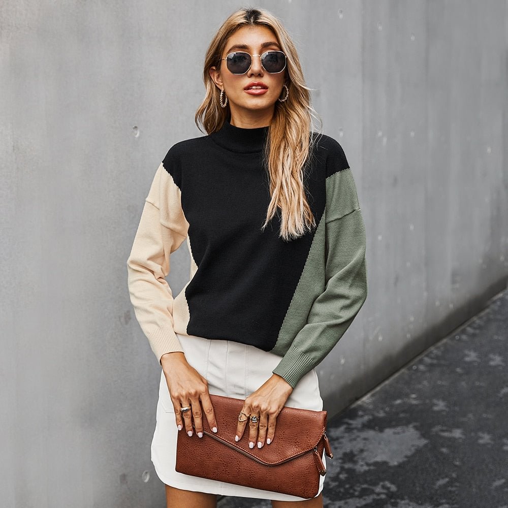 Women Turtleneck Stitching Contrast Color Casual Sweater Long Sleeve Loose Inside Pullover 2020 Winter New Ladies Sweater