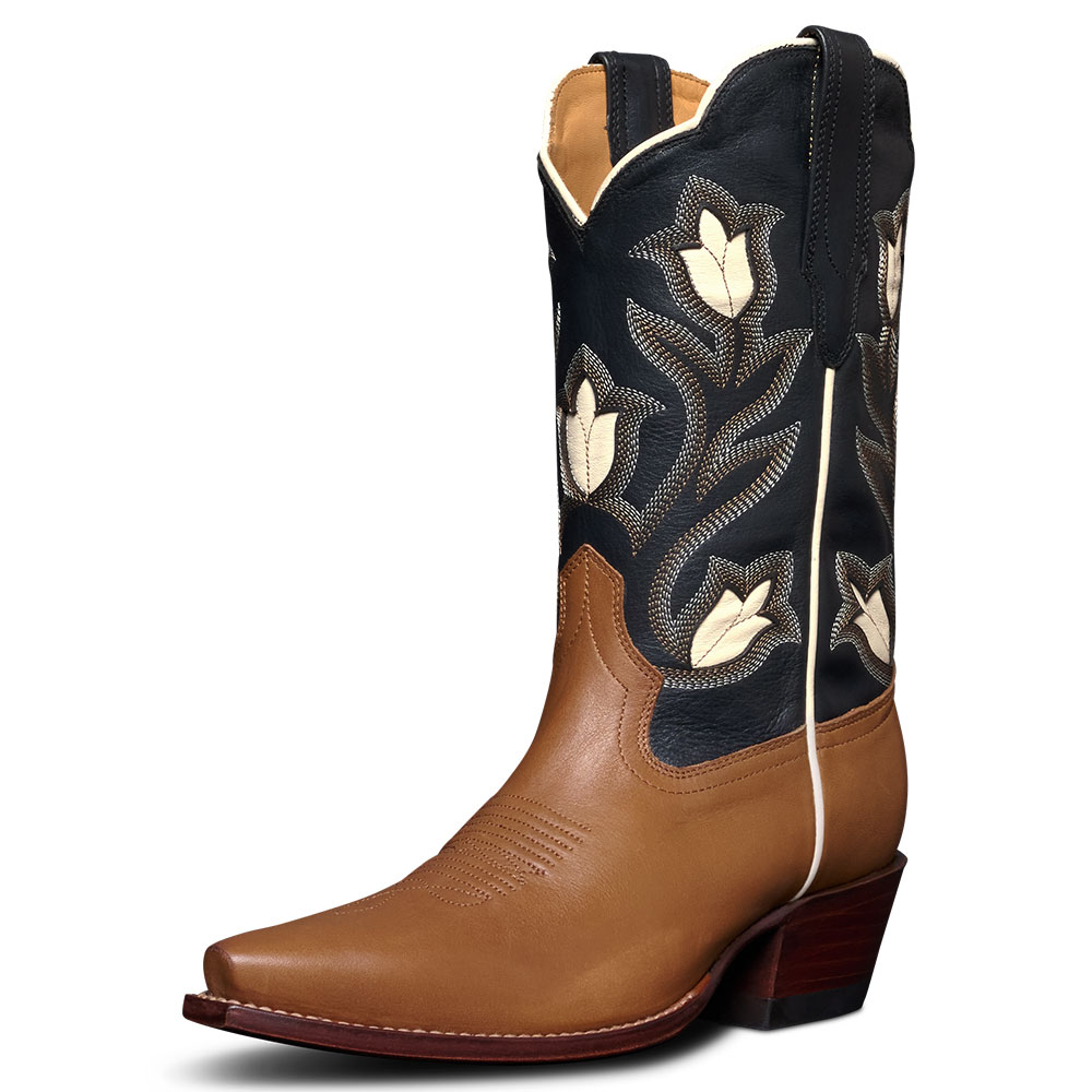 Vintage Brown & Black Snip Toe Floral Embroidered Cowgirl Boots