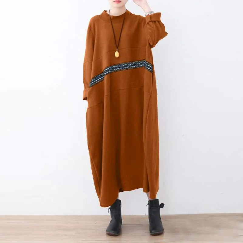 ZANZEA Patchwork Long Sleeves Midi Robe Women's Autumn Sweatshirt Dress Lady Casual Solid Vestidos O Neck Sundress Oversized