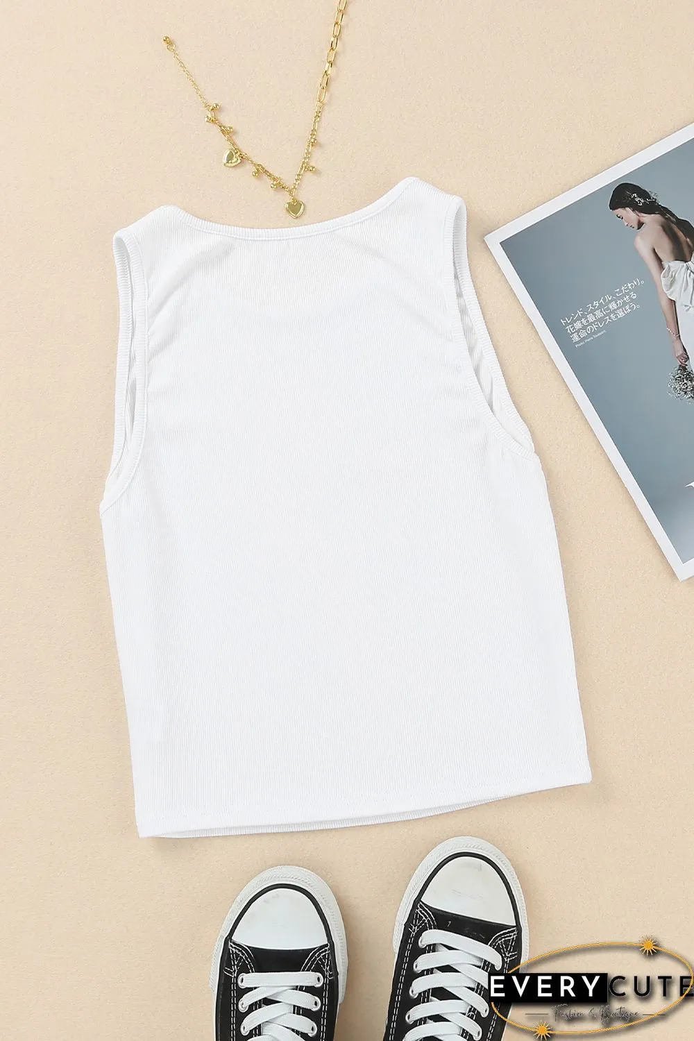 White Rib Knit Crew Neck Sleeveless Crop Top