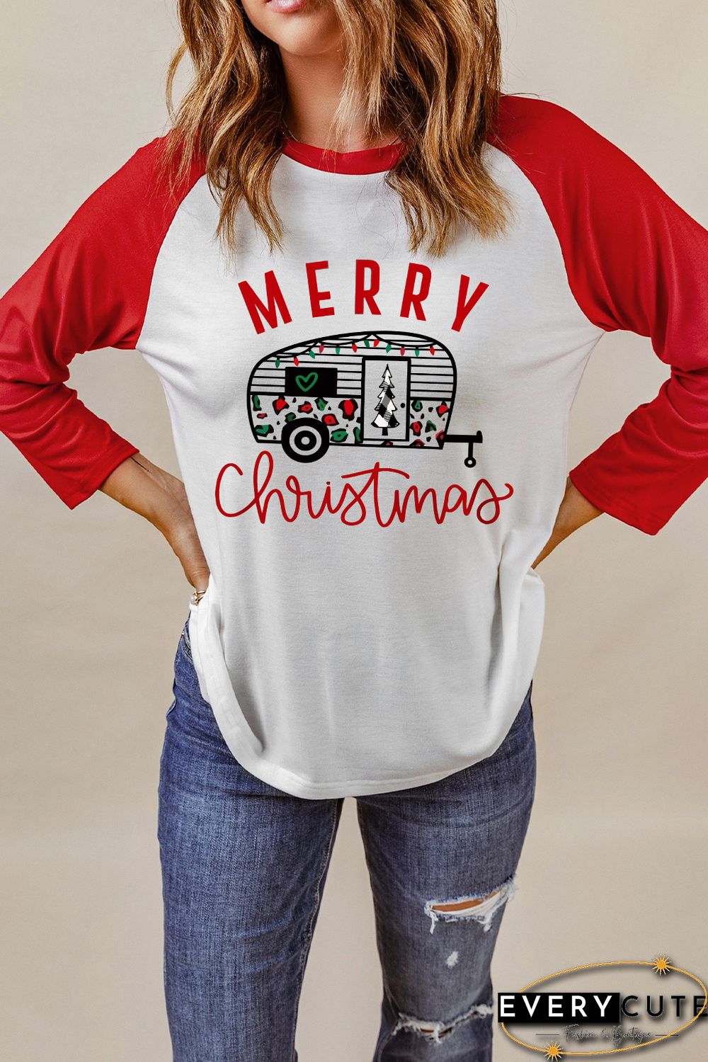 Red Merry Christmas Graphic Print Color Block Top