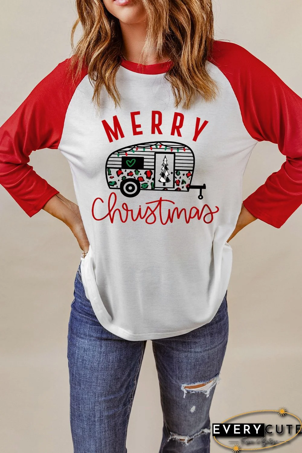 Red Merry Christmas Graphic Print Color Block Top