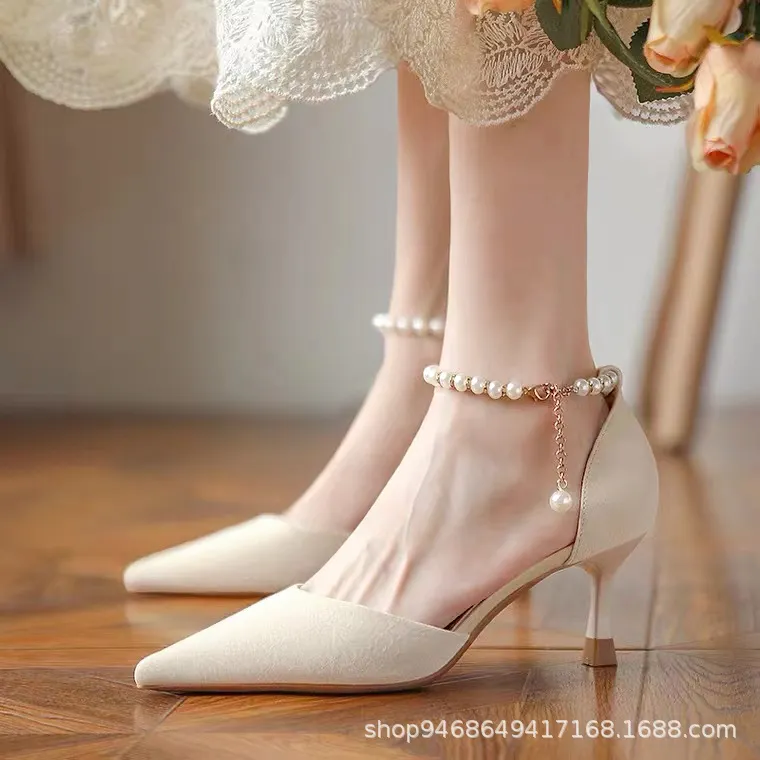 Breakj Breakj Wind High Heels Women's Fine Heel 2023 Autumn New Hollow Single Shoes Small Fresh Pearl Fairy Wind Bag Head Sandals