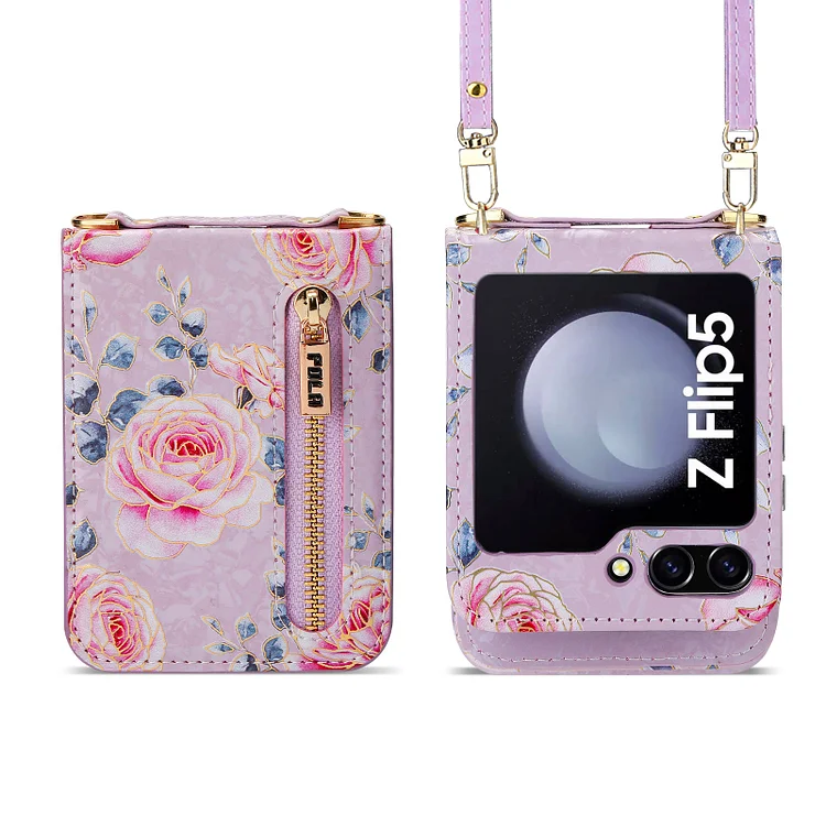 Purse Crossbody Phone Case for Samsung Galaxy Z Flip 5 4 3 5G Flip4 Flip5 Retro Rose Cards Holder Shockproof Leather Lanyard