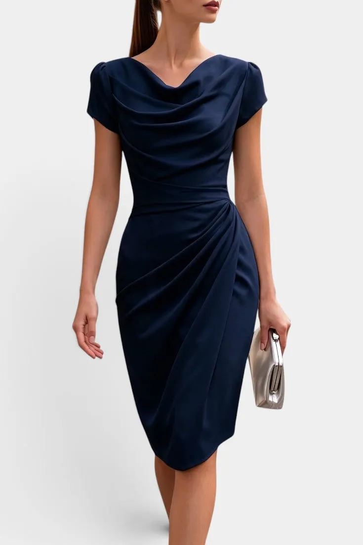 Structured Cowl-Neck Midi Dress with Draped Silhouette