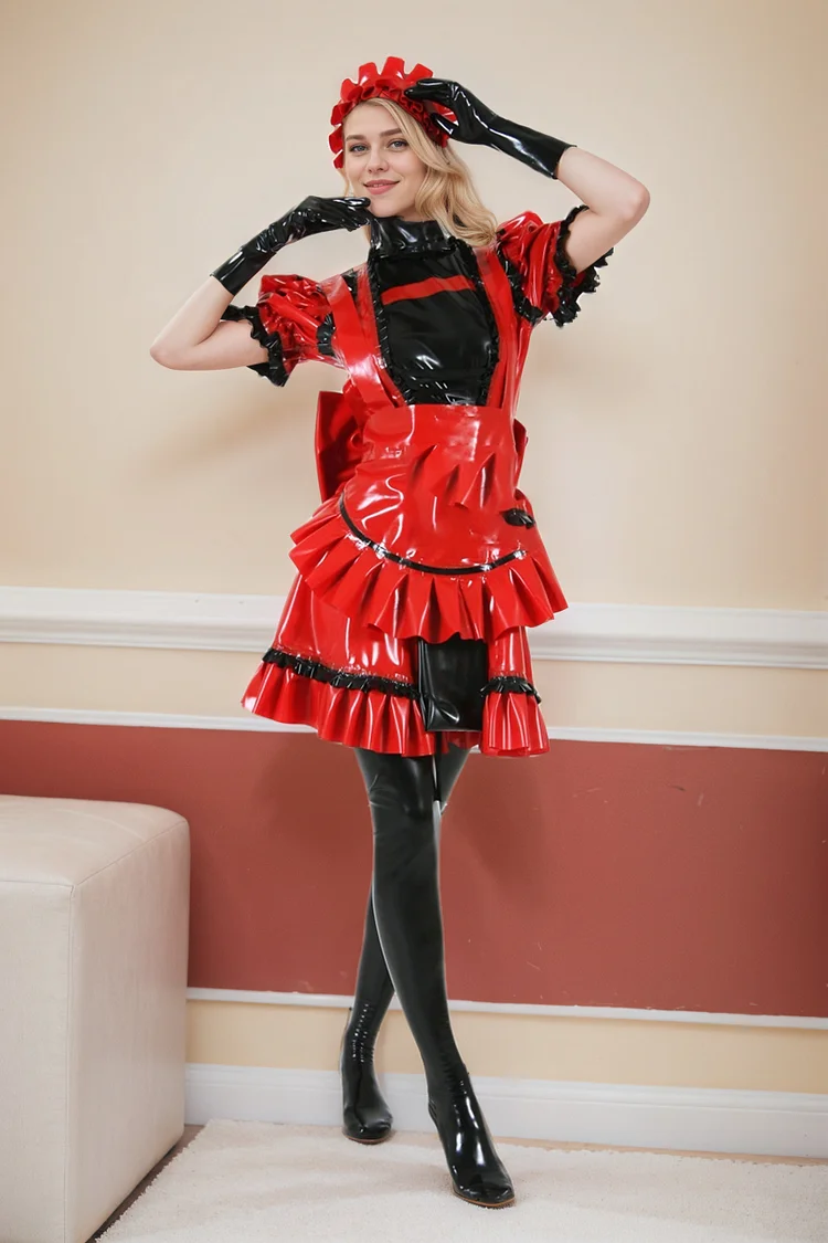 Women Latex Dress Housemaid Uniform Red temptation sexy maid costume cosplay