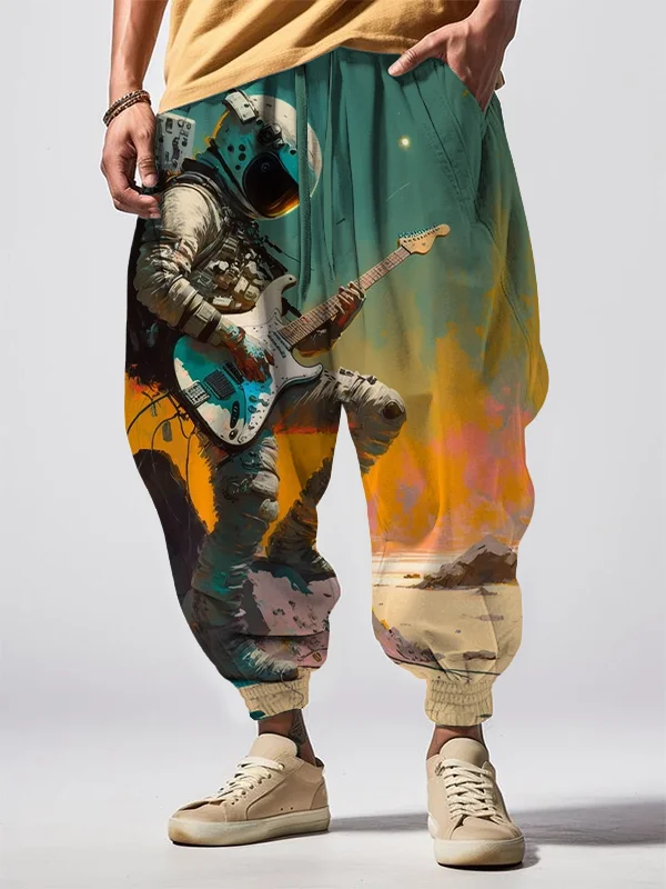 Men's Astronaut Music Oil Painting Art Print Loose Drawstring Waist Sweatpants